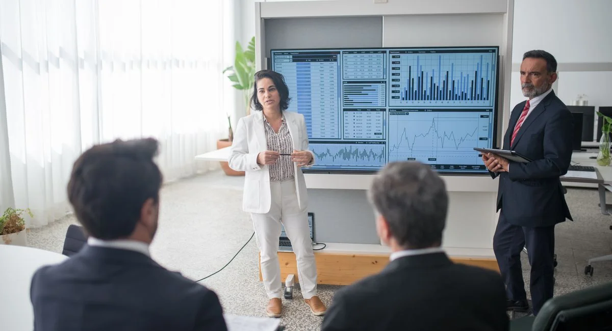 Colleagues discussing financial charts during a corporate meeting in a modern office.